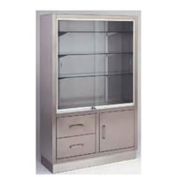 Vitrina armário em aço inoxidável: com portas correderas na parte superior e armário e gavetas na parte inferior (160 x 40 x 100 cm)